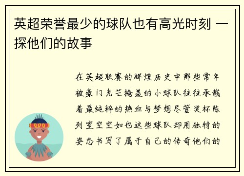 英超荣誉最少的球队也有高光时刻 一探他们的故事